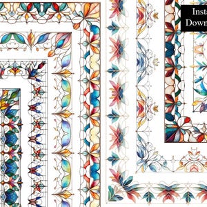 May include: Watercolor illustrations of stained glass borders and corners in various floral and geometric designs. The borders feature a range of colors, including blue, red, yellow, and green. The text "Instant Download" is in a black rectangle.
