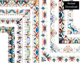 Bordes de plomo brillante, 8 marcos decorativos, estilo ornamentado, clip art, descarga digital, marco de página azul festoneado vintage, A4 y PNG de 8,5 x 11 pulgadas