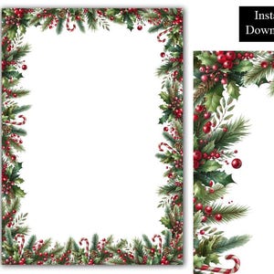 Pode incluir: Um download digital com tema natalino com fundo branco e borda decorativa. A borda apresenta galhos de pinheiro verdes, bagas vermelhas, bengalas doces e folhas de azevinho. As palavras "Instant Download" estão em um retângulo preto.