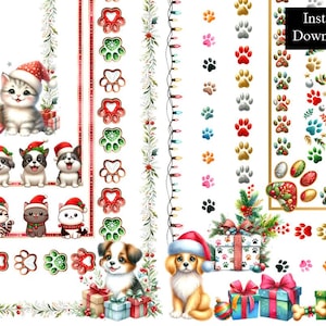 May include: Digital download featuring Christmas-themed illustrations of cats and dogs wearing Santa hats, paw prints, gift boxes, and decorative borders. The words "Instant Download" are visible in the upper right corner.