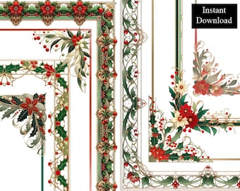 Marcos navideños Art Nouveau con bordes, acuarela, imágenes prediseñadas vintage, paquete de 8, descarga digital, marcos A4 y bordes de página imprimibles de 8,5 x 11 pulgadas, PNG
