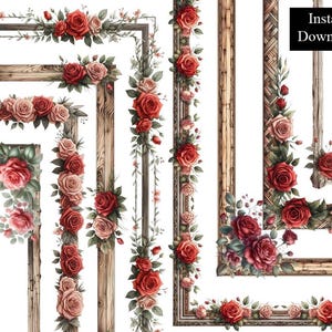 Puede incluir: Descarga digital con ilustraciones de acuarela de marcos de madera y arreglos florales. Los marcos están adornados con rosas rojas y rosas, hojas verdes y delicadas enredaderas. El texto "Instant Download" está en un rectángulo negro.