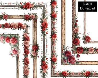 Marcos de madera y rosas rojas, bordes de acuarela, marcos de página, clip art, paquete de 8, descarga digital, A4 y PNG de 8,5 x 11 pulgadas, esquinas antiguas vintage
