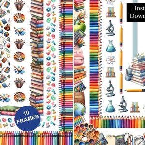 School Classroom Border Science Art Books Crayons Frame ClipArt 10 Digital Download A4 & 8.5x11"