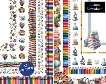 School Classroom Border Science Art Books Crayons Frame ClipArt 10 Digital Download A4 & 8.5x11"