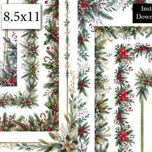 Peut inclure: Ensemble de quatre bordures d'angle imprimables numériques avec des illustrations aquarelle de verdure hivernale, de baies rouges, de poinsettias, d'accents dorés et de cannes en sucre. Les bordures sont conçues pour du papier de 8,5 x 11 pouces.