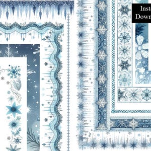 May include: A set of digital paper borders featuring a winter theme with snowflakes, icicles, and floral designs in shades of blue and white.  The borders are perfect for adding a touch of winter magic to your digital projects.