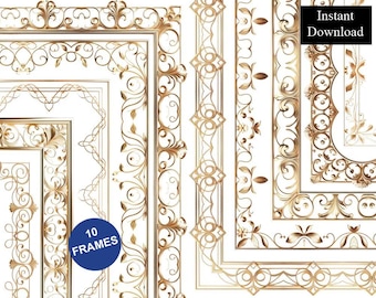 May include: A collection of ten rectangular frames featuring intricate gold-colored filigree and scrollwork patterns. The image includes a blue circular badge with the white text 10 FRAMES and a black rectangular box with the white text Instant Download.