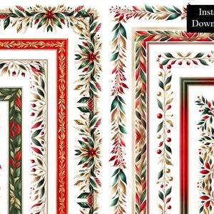 May include: A collection of watercolor Christmas borders and frames in red, green, and gold. The designs feature leaves, berries, and floral elements, with the words "Instant Download" in a black box.