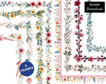 May include: A collection of eight floral frames featuring watercolor-style illustrations of various flowers, leaves, and vines in shades of pink, yellow, blue, and green. The image includes text that reads 8 FRAMES and Instant Download.