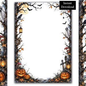 May include: A rectangular digital stationery border featuring watercolor illustrations of bare trees, glowing jack-o'-lanterns, hanging lanterns, ghosts, crows, mushrooms, and a skull on a wooden sign. The top right corner includes the text Instant Download.