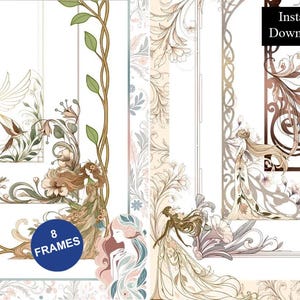 Könnte beinhalten: Eine Sammlung von acht dekorativen Rahmen mit komplizierten Illustrationen von fließenden Ranken, blühenden Blumen, Vögeln und eleganten Figuren mit langem Haar. Die Designs enthalten sanfte Pastelltöne, braune Umrisse und den Text Instant Download.