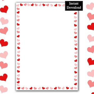 Puede incluir: Una hoja de papel rectangular blanca con un borde compuesto por pequeñas formas de corazón alternadas en rojo y rosa claro. Una etiqueta rectangular negra en la esquina superior derecha contiene el texto blanco Instant Download. Hay corazones dispersos.