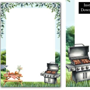 May include: Watercolor illustration of a picnic scene with a barbecue grill, picnic table, and food. The image has a light blue background with green foliage and the text "Instant Download".