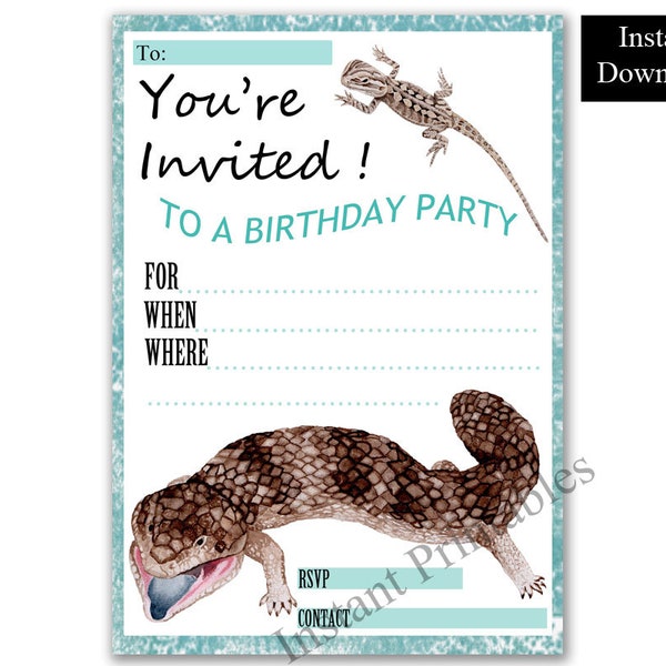 Boys Lizard Birthday Invitation | Australian Reptile Invite | Blue Tongue | Printable Birthday | Blank Party Invite | Bearded Dragon Invite