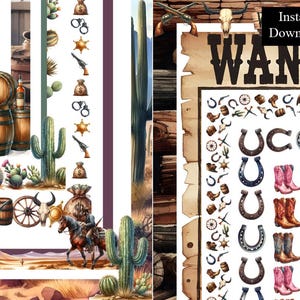 Könnte beinhalten: Ein druckbarer digitaler Download eines Western-Plakats mit einem braunen Holzrahmen und weißem Hintergrund. Das Plakat zeigt ein schwarz-weißes 'Wanted'-Schild mit Totenkopf und Knochen. Der Rand des Plakats ist mit verschiedenen Western-Symbolen verziert, darunter Hufeisen, Stiefel und Fässer.