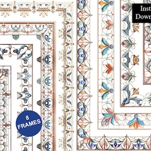 May include: A collection of eight rectangular decorative frames featuring intricate stained glass patterns in shades of blue, orange, and gold. The image includes the text "8 FRAMES" in a blue circle and "Instant Download" in a black box.