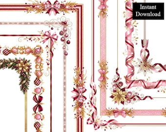 Pink Burgundy Christmas Borders Frames ClipArt Bundle 10 Digital A4 & 8.5x11 Printable Page PNG