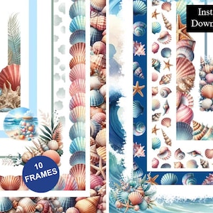 Bordure de coquillages, 10 images, téléchargement numérique A4 & 8,5 x 11 PNG, page imprimable