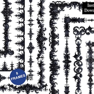 Op de afbeelding: Een verzameling van acht zwarte decoratieve kaders met ingewikkeld krulwerk en sierlijke patronen. De afbeelding bevat een blauwe cirkelvormige badge met de tekst 8 FRAMES en een zwart rechthoekig vak met de tekst Instant Download.