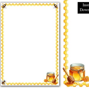 May include: A white paper with a yellow honeycomb border and bee illustrations. A jar of honey with a wooden honey dipper and the text "Instant Download" are also shown. The theme is related to honey and bees.