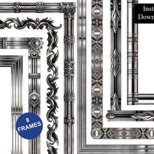 May include: A collection of eight silver-toned picture frames featuring intricate metallic textures, ornate scrollwork, and geometric patterns. The image includes a blue circular badge with the text 8 FRAMES and a black box with the text Instant Download.