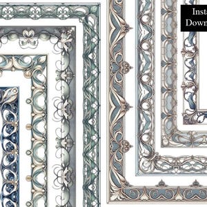 Art Nouveau Borders 8 Frames Downloadable for Printable Pages, Letterheads, Stationery A4 & 8.5x11 PNG