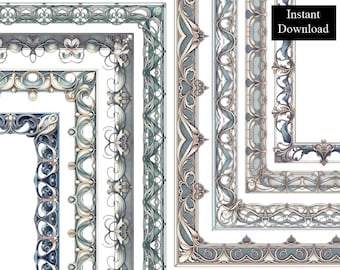 Bordes decorativos Art Nouveau, 8 marcos, estilo ornamentado, imágenes prediseñadas, descarga digital, borde vintage, marco de página A4 y 8.5 x 11 PNG