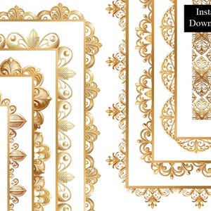 Gold Dekorative Bordüren Rahmen Verzierte Filigrane Ecken Goldene Zertifikat ClipArt Bundle 8 Digitale Antike Glitzerfolie A4 & 8.5x11 PNG