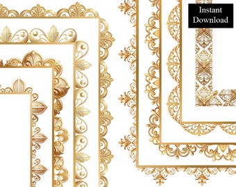Gold Decorative Borders Frames Certificate ClipArt Bundle 8 Digital Antique Glitter A4 & 8.5x11 PNG