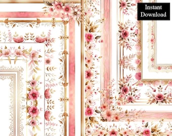 Pink Gold Floral Borders 10 Frames ClipArt Bundle Digital Downloads Printable A4 & 8.5x11 PNG