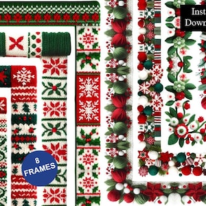 Puede incluir: Una colección de ocho marcos digitales con patrones festivos en rojo, verde y blanco. Los diseños incluyen texturas tejidas, copos de nieve, ovillos de lana, bayas de acebo y elementos florales. Texto: Instant Download y 8 FRAMES.