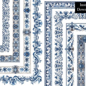 Marco decorativo floral Hamptons azul blanco y azul con 8 marcos de estilo vintage adornados y bordes azules antiguos, descarga digital, A4 y 8,5 x 11 PNG