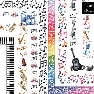 Muziekranden Aquarel Frames Pianotoetsen Muzieknoten Gitaar Drums Jazzinstrumenten Zingen Clip Art Bundel 8 digitaal, A4 en 8,5 x 11, PNG