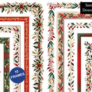 May include: A collection of 10 rectangular frames featuring decorative borders with red, green, and gold botanical elements, including leaves, berries, and floral motifs. A blue circular badge reads 10 FRAMES and a black box reads Instant Download.