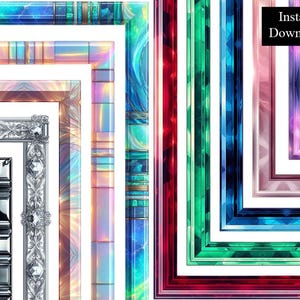 Może przedstawiać: Zestaw ramek cyfrowych w różnych kolorach i wzorach, w tym tęczowy, niebieski, zielony i fioletowy. Ramki są ułożone kaskadowo, z największą ramką na górze i najmniejszą ramką na dole.  Ramki idealnie nadają się do dodania odrobiny elegancji do projektów cyfrowych.