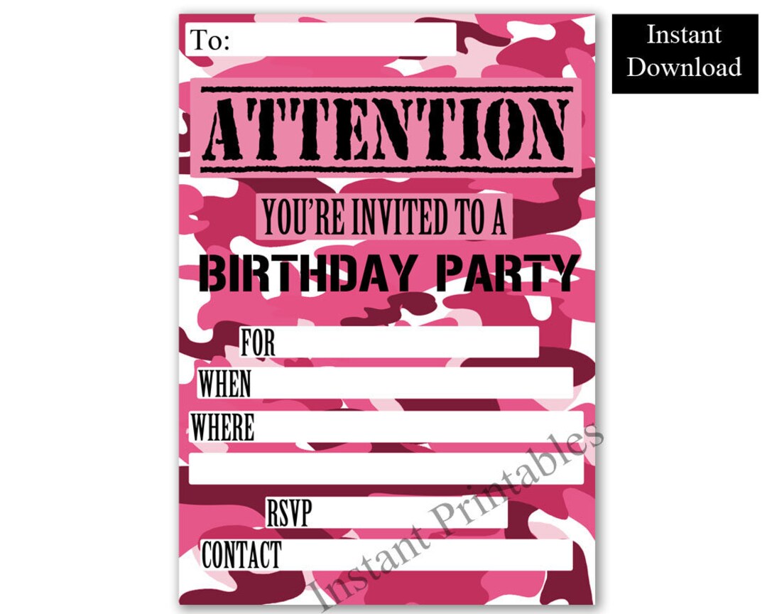 Girls Birthday Invite | Pink Camo | Printable Birthday | Blank Party Invite | Camo Army | Printable Instant Download | Teen Birthday Invite - Etsy girls-birthday-invite-pink-camo-printable-birthday-blank-party-invite-camo-army-printable-instant-download-teen-birthday-invite-etsy