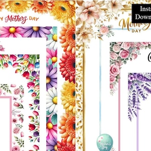Paquete de 8 marcos con borde de estilo acuarela para el Día de la Madre, descarga digital, marcos A4 y 8,5 x 11, flores, rosas, tulipanes, lavanda y dorado