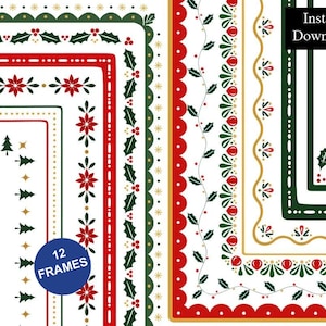 Op de afbeelding: Een collectie van 12 digitale kaders met feestelijke patronen in rood, groen en goud. De ontwerpen bevatten hulstbladeren, bessen, kerststerren en dennenbomen. De afbeelding bevat de tekst 12 FRAMES en Instant Download.