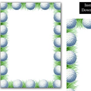 Puede incluir: Un fondo blanco con un borde de pelotas de golf y hierba verde. Las pelotas de golf son blancas con hoyuelos azules. El texto "Instant Download" está en un rectángulo negro en la esquina superior derecha. Este es un diseño digital con temática de golf.