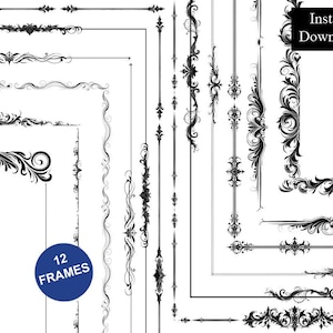 Peut inclure: Une collection de 12 bordures de cadre numériques en noir et blanc présentant des volutes complexes, des fioritures et des éléments de ligne décoratifs. L'image inclut le texte "Instant Download" et "12 FRAMES" sur un fond blanc.