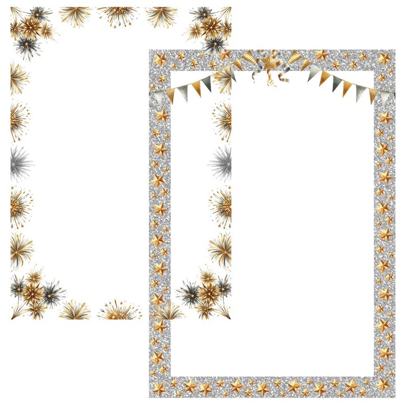 May include: Two printable photo booth frames with a silver glitter background and gold stars, fireworks, and bunting decorations.