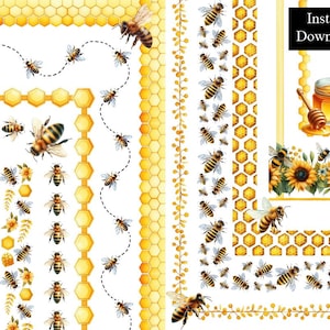 May include: A digital paper pack with four different borders featuring bees, honeycombs, and sunflowers. The borders are perfect for adding a touch of nature to your digital projects.