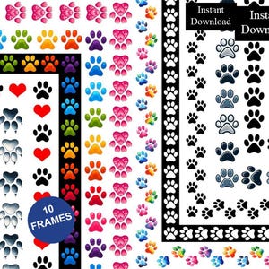 足跡の枠線フレーム、足跡クリップアートバンドル10個、デジタル犬猫A4&8.5x11 PNG