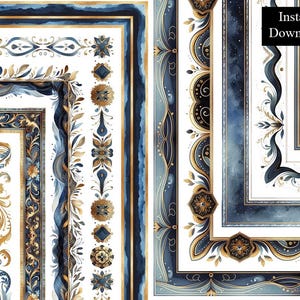May include: Digital download featuring ornate border designs in shades of blue and gold. The borders showcase intricate floral and geometric patterns, with the text "Instant Download" in a black box.