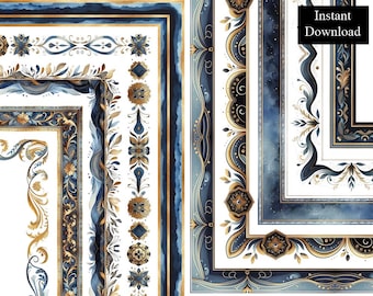 Gold Navy Decorative Borders Frames Ornate Filigree Floral Golden Certificate ClipArt Bundle 10 Digital Antique Glitter Foil A4 & 8.5x11 PNG