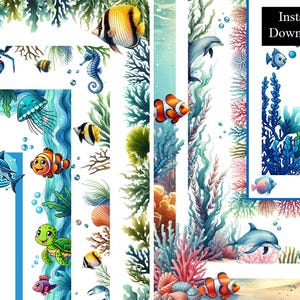 Sous les frontières de la mer cadres Clip Art Bundle 8 téléchargement numérique cadre A4 & 8,5 x 11 océan corail requins poisson bordure de page imprimable aquarelle