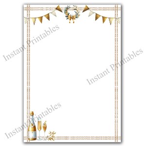 May include: A printable sheet of paper with a gold glitter border and a gold wreath with a bow at the top. There are gold and white bunting flags at the top of the sheet. At the bottom of the sheet, there is a bottle of champagne and two champagne flutes.