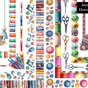 May include: A digital paper pack with a sewing theme. The pack includes various borders, patterns, and elements such as spools of thread, buttons, zippers, scissors, and fabric swatches. The text "Instant Download" is visible in the upper right corner.