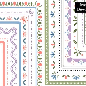 May include: Digital download of decorative borders in various styles. The borders feature floral and geometric patterns in pastel colours such as pink, blue, green, and purple. The text "Instant Download" is in a black rectangle.